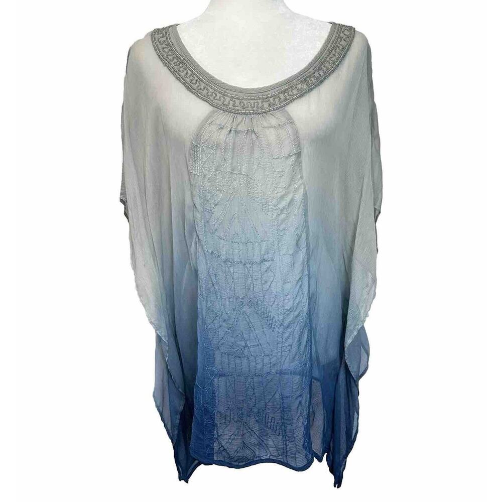 Chico’s Kimono Top Poncho Ombré Blue‎ Sheer Cover Up Kaftan Blouse Beaded M/L